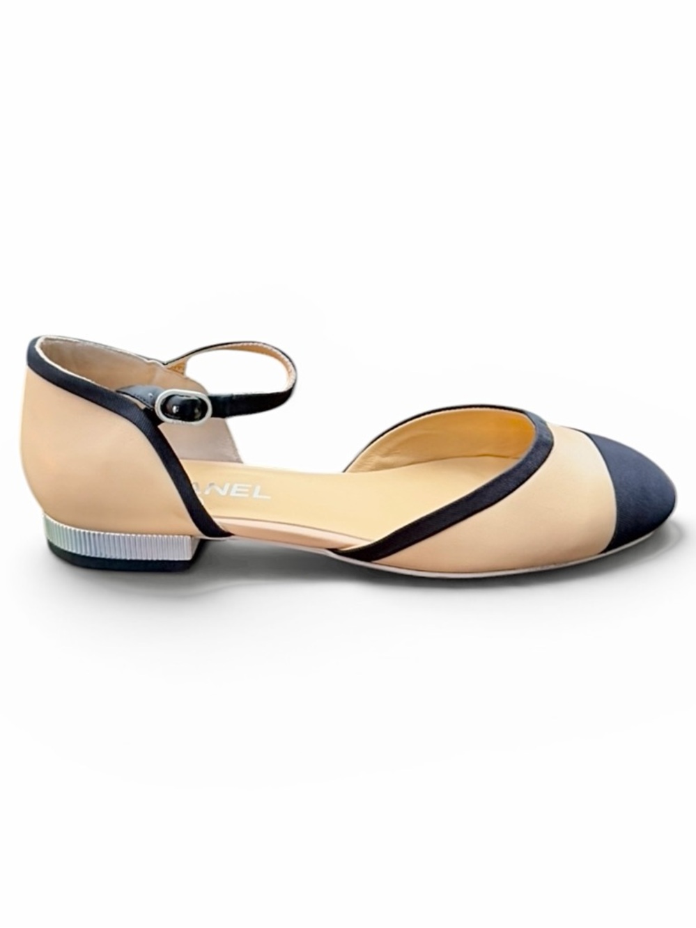 Chanel Two-Tone Beige & Black Mary Jane Flat Ankle Strap Shoes 40